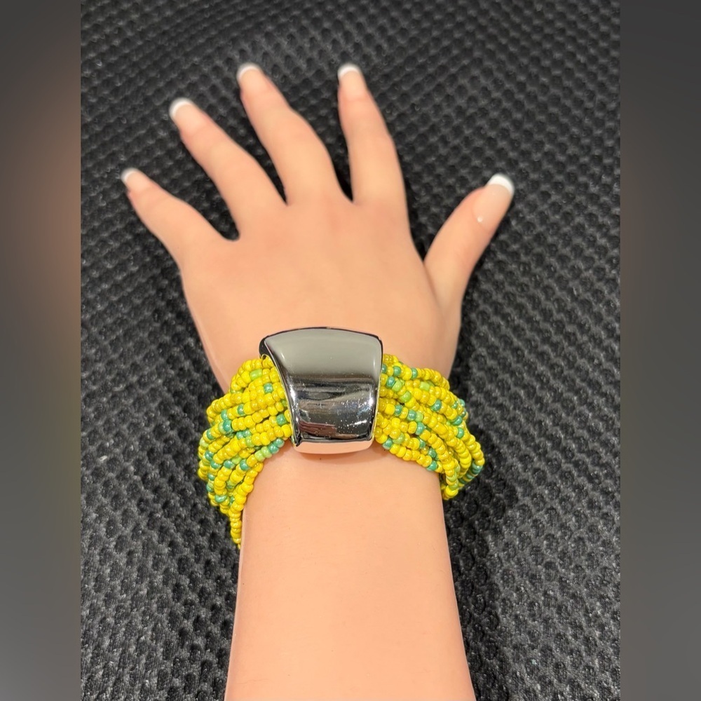 Statement Seed Bead Cuff Bracelet - Yellow & Sea Foam Green - Memory Wire